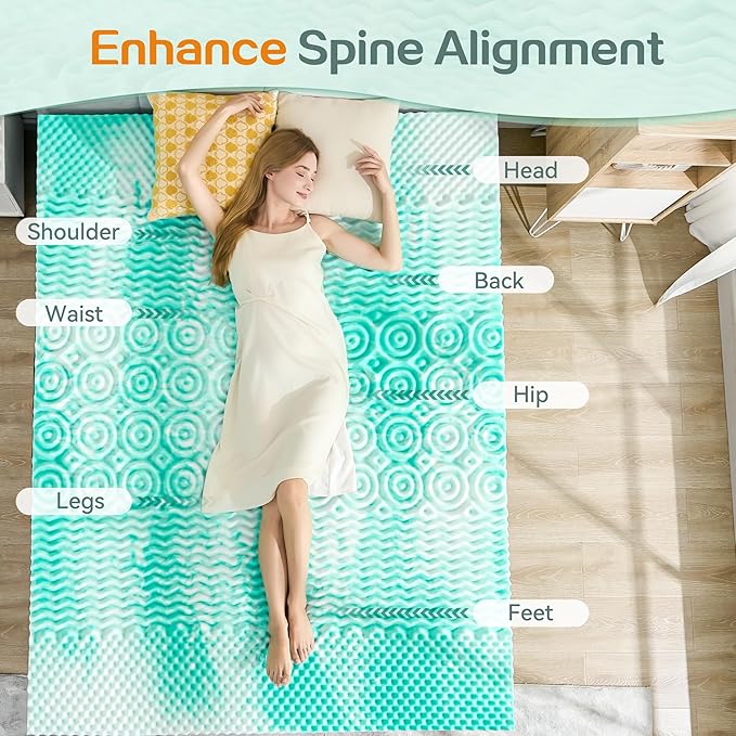 SINWEEK 2 Inch Mattress Topper 5-Zone Memory Foam Mattress Topper Pressure Relieve Soft Mattress Pad, CertiPUR-US Certified, King Size, Green