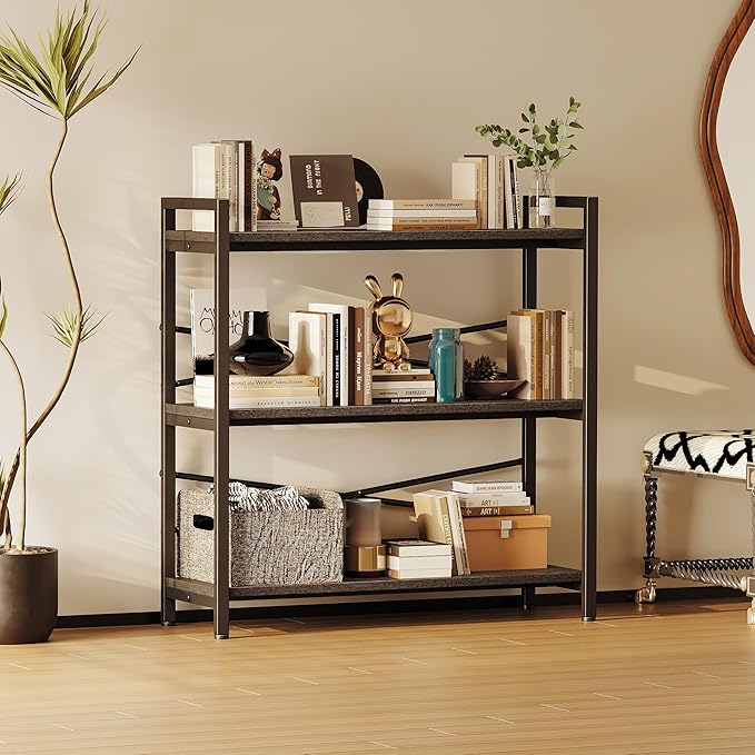 Book Shelf, 3 Tier Bookshelf 31.49" Width, Book Shelf Storage and Organization, Wooden and Metal Industrial Bookcase, Large Book Shelves for Home Living Room Bedroom Office Storage(Black)