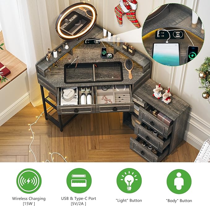 Corner Vanity Desk with Lighted Rotating Mirror and Lights, Glass Top Makeup Vanity with Corner Shelf&5 Drawers, Girls Vanitys with Charging Station,Jewelry Organizers for Bedroom,Brown