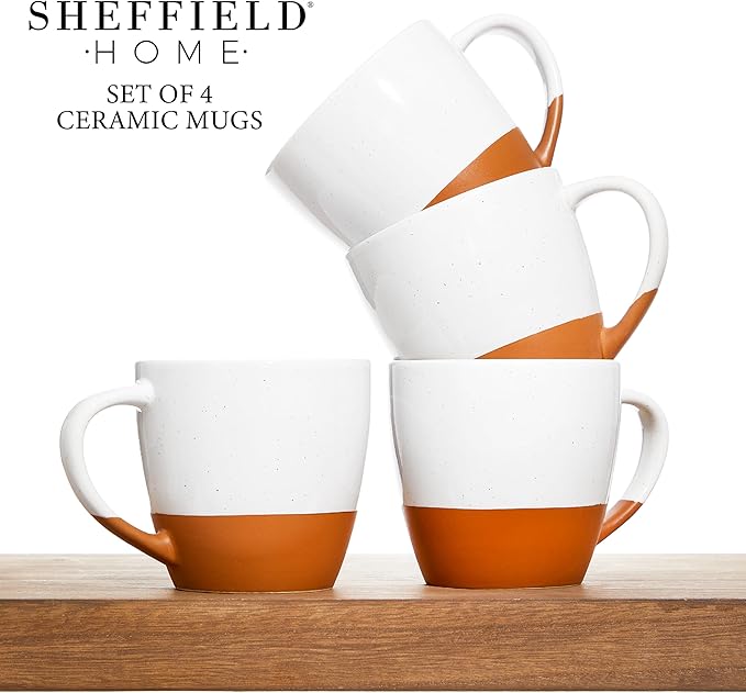 Sheffield Home - Set of 4, Large Stoneware 16oz Coffee Mugs with Handles - Dishwasher & Microwave Safe Ceramic - Ideal for Cappuccino, Espresso, Latte, or Tea - Vanilla White