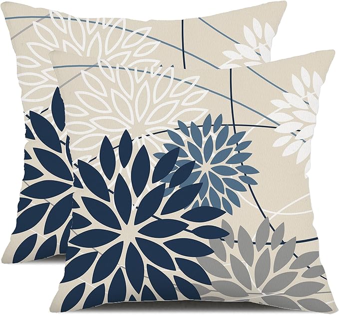 Blue and Gray Floral Pillow Covers 22x22 Set of 2 Outdoor Waterproof White Colored Decorative Throw Pillows Summer Pillowcase Polyester Cushion Case Decor for Couch Patio Funiture Garden Porch 01B22