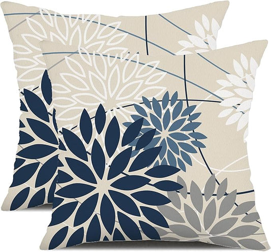 Blue and Gray Floral Pillow Covers 20x20 Set of 2 Outdoor Waterproof White Colored Decorative Throw Pillows Summer Pillowcase Polyester Cushion Case Decor for Couch Patio Funiture Garden Porch 01B20