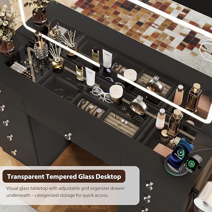 Vanity Desk with Mirror and Lights, 11 Drawers Makeup Vanity Desk with Tempered Glass top, 3 Lighting Modes Adjustable Brightness, Black Vanity with Magnetic 5X Magnifier for Bedroom