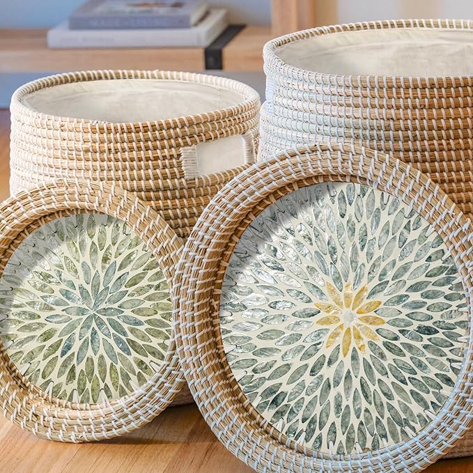 2 Pack Laundry Baskets Hamper with Removable Laundry Bag, Pure Handwoven Storage Basket, Natural Seagrass Decorative Clothes Hamper for Living Room household, Toy Blanket Plant Organization