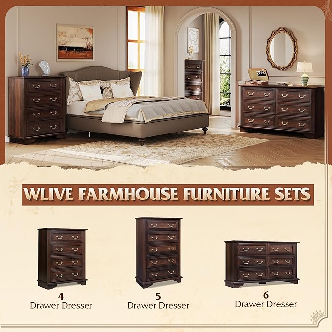 WLIVE Farmhouse Dresser for Bedroom, Tall Wood Dresser with 4 Drawers, Chest of Drawers with Roman Metal Handle for Living Room, Hallway, Closet, Rustic Brown