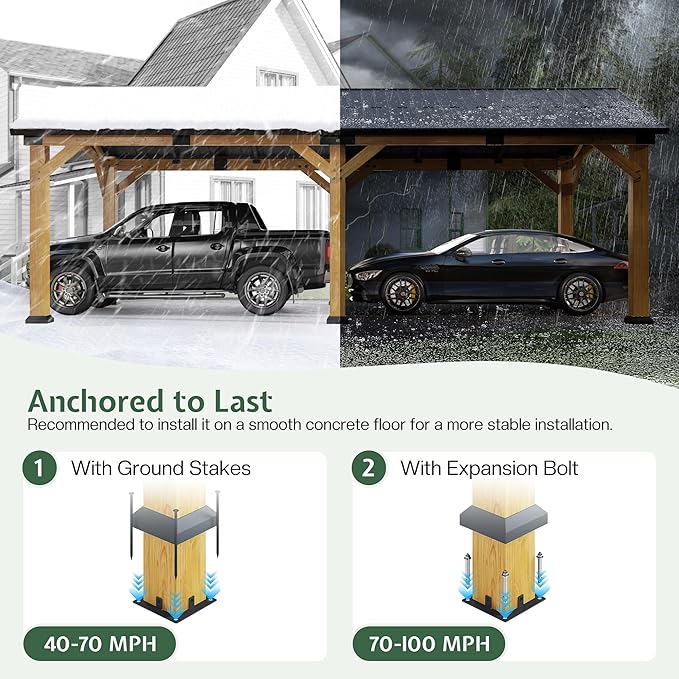 Jocisland 12x24x9.5 FT Cedar Wood Hardtop Carport with Steel Roof, Waterproof Outdoor Gazebo Pavilion, Heavy-Duty Snow & Wind Resistant Canopy for Patio, Driveway, Garden