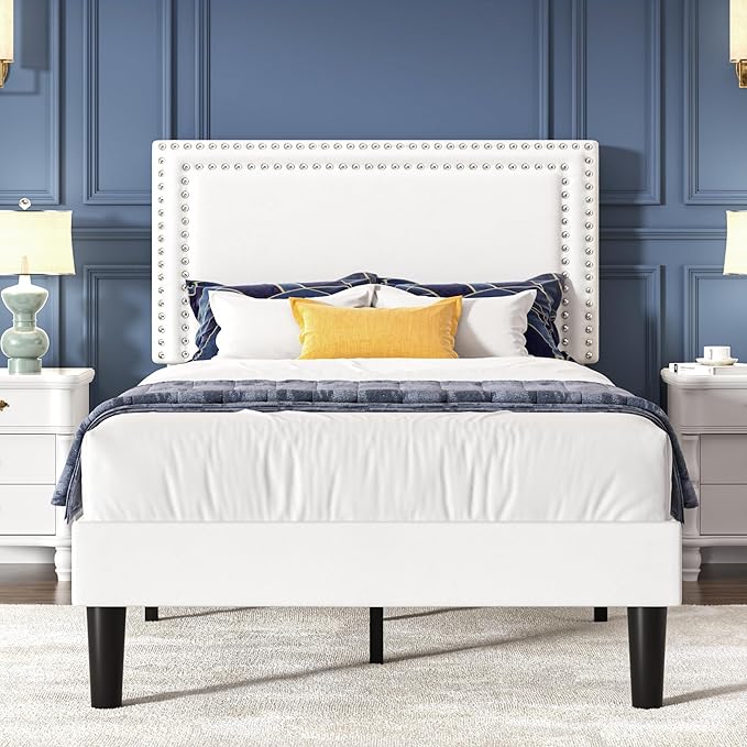 VECELO Twin Size Platform Bed Frame with Height Adjustable Upholstered Headboard, Strong Wood Slats Support, No Box Spring Needed, Easy Assembly