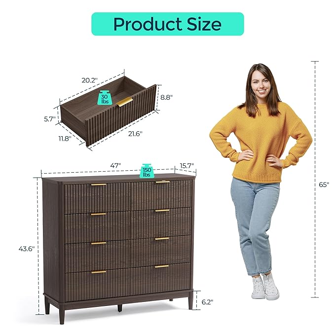 LINSY 8 Drawer Double Dresser for Bedroom, Modern Fluted Wood Chest of Drawers with Gold Metal Handles, Wide Storage Dresser TV Stand for Bedroom, Living Room, Entryway, Walnut