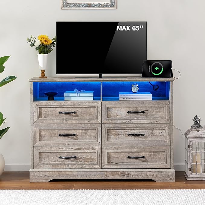 Dressers for Bedroom,6 Drawers Dresser with LED Light,Power Outlets and Open Shelves,Chests of Drawers for 65 inch TV, for Hallway, Entryway, Light Rustic Oak