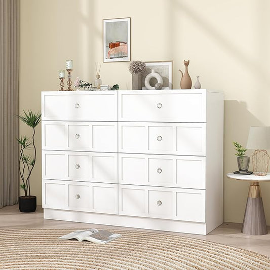 8 Drawer Dresser for Bedroom: 47" Fluted White Dresser Deep Drawers, Modern Chest of Drawers for Bedroom, Fluted Wood Dressers for Living Room, Hallway