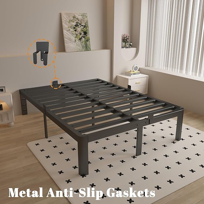 King Size Bed Frame 14 Inch, Black King Bed Frame with Metal Baffles, No Box Spring Needed, Heavy Duty Steel Platform Support, Round Corner Legs, Noiseless, Storage Space, Noiseless