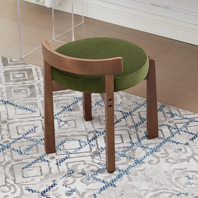 DUOMAY Modern Velvet Vanity Stool, Upholstered Low Back Ottoman with Solid Wood Legs Cute Round Footrest Makeup Stool Dressing Seat for Living Room Bedroom, Green