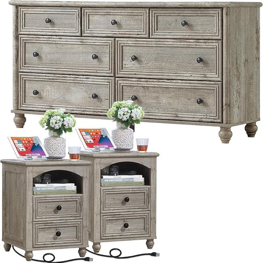 Dressers & Night Stand Set of 3, Wood 54" Wide Dresser & 18" with Charging Station Chest of Drawers, Roman Column Nightstand Set of 2, Bedroom Furniture Dresser Suites for Home Living Room Hallway