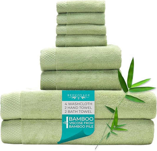 BedVoyage Luxury Bath Towels Set of 8 - Ultra Soft Plush Bathroom Towel Set - Highly Absorbent Viscose from Bamboo Bath Towels Ultra Soft - Spa Towel for Body -Sage