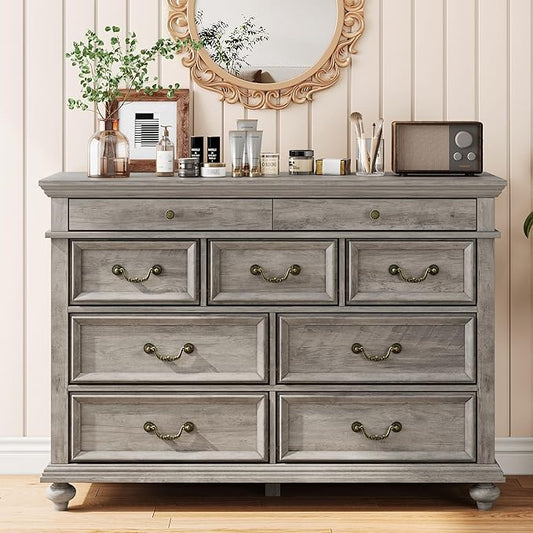 IDEALHOUSE 47" Farmhouse Dresser for Bedroom with 9 Drawers, Rustic Wood Chest with Vintage Metal Handles for Bedroom, Large Storage Organizer for Living Room, Entrance, Gray