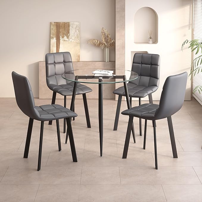 5-Piece Round Glass Dining Table Set with 4 Upholstered Chairs, Modern Kitchen Dining Room Furniture, PU Leather Padded Seat and Metal Legs – Gray