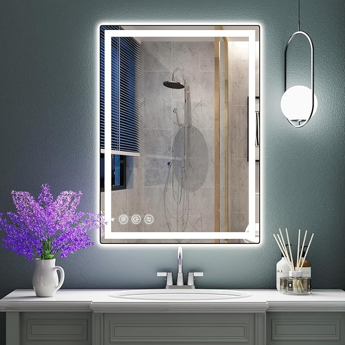 24"x 32" LED Bathroom Mirror with Stepless Dimmable Wall Mirrors with Anti-Fog, Dimmable CRI>90, Vanity Mirror with 3 Color Modes, Shatter-Proof, Memory Bathroom Mirror with LED Lights