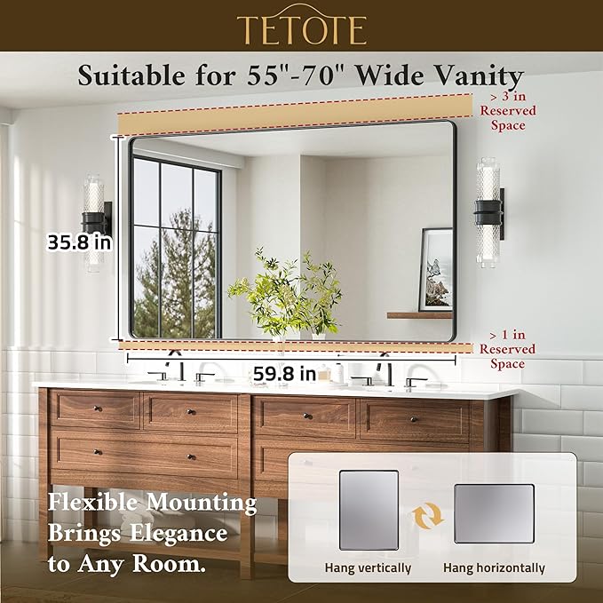 TETOTE 60 x 36 Black Mirror for Bathroom Large Black Framed Mirror for Bathroom, Tempered Glass, Wall Mounted, Entryway, Bedroom, Living Room(Horizontal/Vertical)