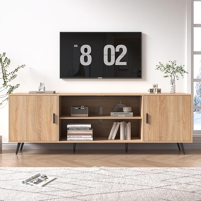 AUXSOUL 80 Inch Mid Century Modern TV Stand for 75 Inch TV, Wood TV Stand with Storage, Entertainment Center for Living Room Bedroom, TV Media Console, Oak