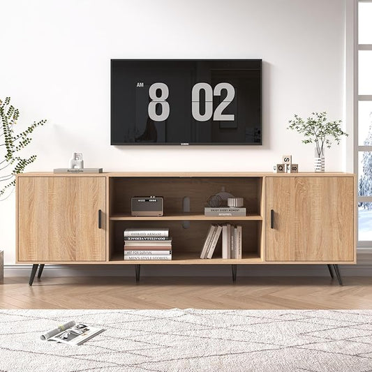 AUXSOUL 80 Inch Mid Century Modern TV Stand for 75 Inch TV, Wood TV Stand with Storage, Entertainment Center for Living Room Bedroom, TV Media Console, Oak