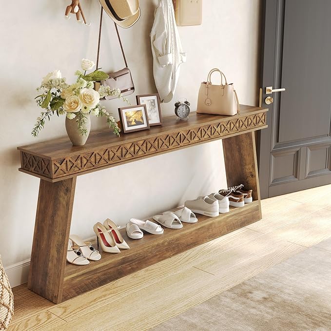LITTLE TREE 70.87" Long Farmhouse Console Table, 2-Tier Shelf Narrow Accent Entryway Sofa Table for Living Room, Behind Couch, Hallway - Light Brown