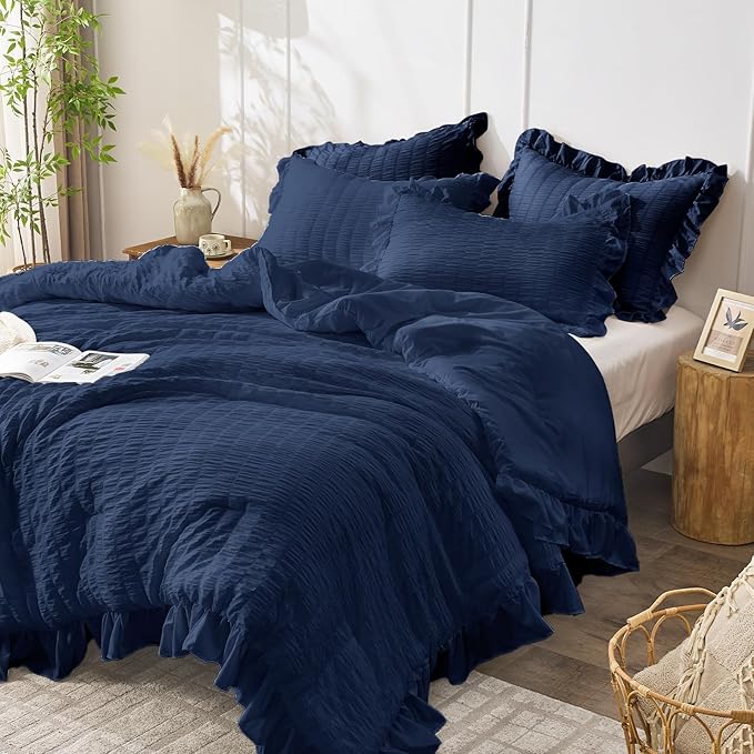 JOLLYVOGUE Navy Blue Queen Comforter Set, 3 Pieces Seersucker Comforters Queen Size, Lightweight & Fluffy Bedding Sets Queen for All Season with 1 Ruffle Comforter and 2 Ruffle Pillowshams