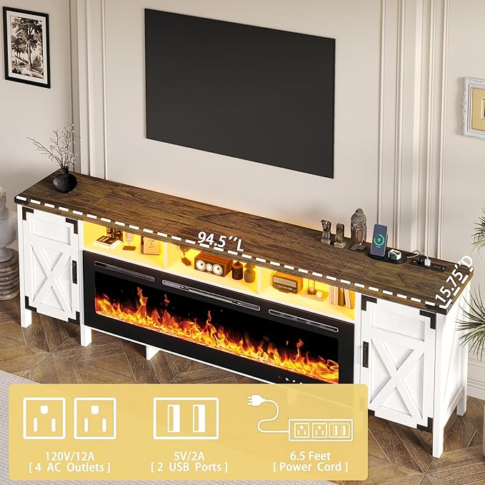 94.5" Fireplace TV Stand for TVs Up to 100", Farmhouse Entertainment Center with 60" Electric Fireplace & LED Lights, Large TV Console for Living Room, Barn Door Cabinet & Open Shelf, White