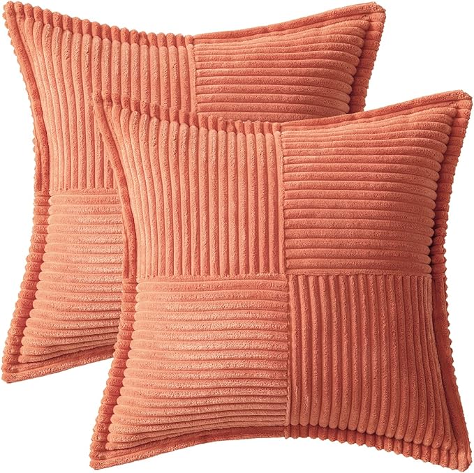 MIULEE Decorative Throw Pillow Covers for Couch Bed Livingroom 16x16 Inch Set of 2 Coral Red Boho Accent Throw Pllows Broadside Striped Patchwork Soft Corduroy Summer Pillowcases