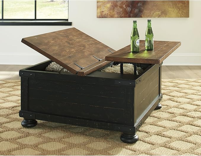 Signature Design by Ashley Valebeck Farmhouse Lift Top Coffee Table with Storage, Distressed Brown & Black Finish