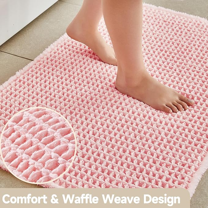 Light Peachy Pink Bathroom Rugs, Waffle Bath Mat Non Slip Washable Quick Dry Cute Bath Mat Boho Farmhouse Bathroom Decor, 24"x16" Light Peachy Pink