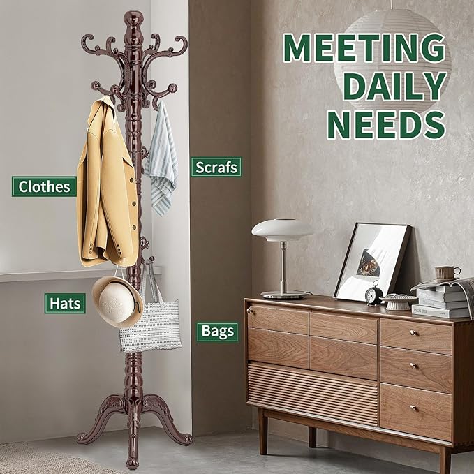 Wooden Coat Rack Stand, Vintage Wood Coat Rack Freestanding with Sturdy Triangle Base, Classic Coat Racks with 14 Hooks, Natural Birch Wood Coat Tree Hanger Stand for Entryway,Office