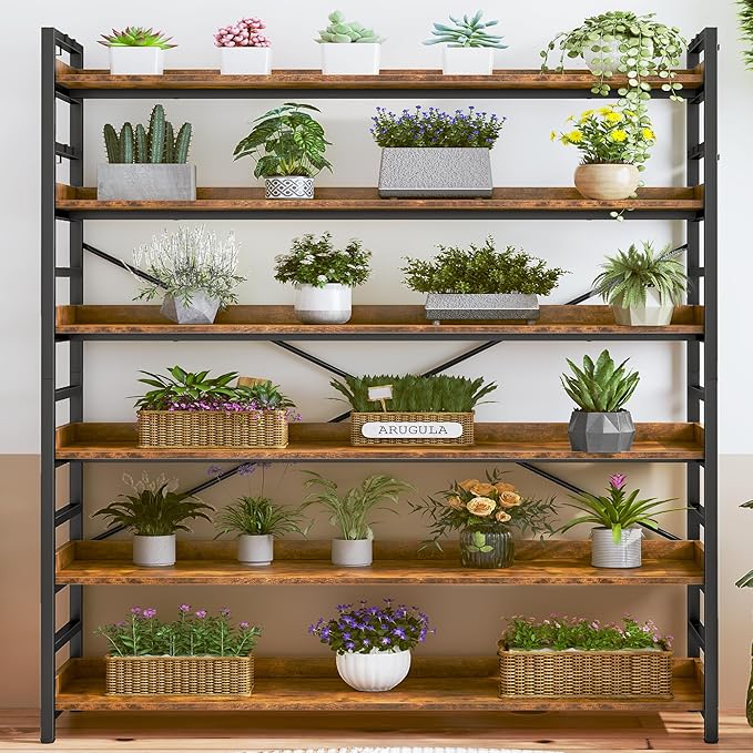 HCHQHS 6 Tier Bookshelf, Adjustable Industrial Bookcase, Vertical Tall Book Shelf, Wood and Black Metal Open Bookshelves for Home Office, Living Room, Bedroom