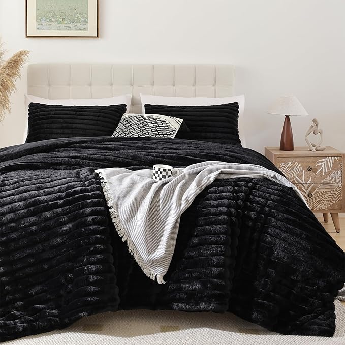 Smoofy Fluffy King Size Comforter Set 3 Pieces - Black Fleece Fluffy Comforter Set, Luxury Fuzzy King Bedding Set, Soft King Bed Set All Season, Heavy Faux Fur Comforter with 2 Pillow Cases