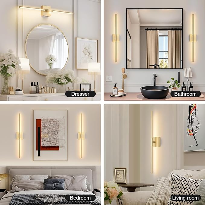 Battery Operated Wall Sconce Set of Two with Remote Control, 3000K-6000K Dimmable Gold Wall Lights, Timable LED Wireless Wall Sconces, 350° Ratate for Bathroom, Living Room, Hallway 29.1 Inch