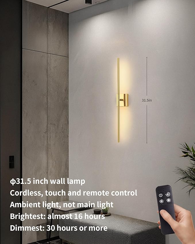 KDG Cordless Wall Sconces Set of 2, Wireless 7000mAh Rechargeable Battery Operated LED Wall Lamps with Remote, 360° Rotate Lightings for Wall Painting, Bedroom, Hallway, Night Light 31.5 inch (Gold)