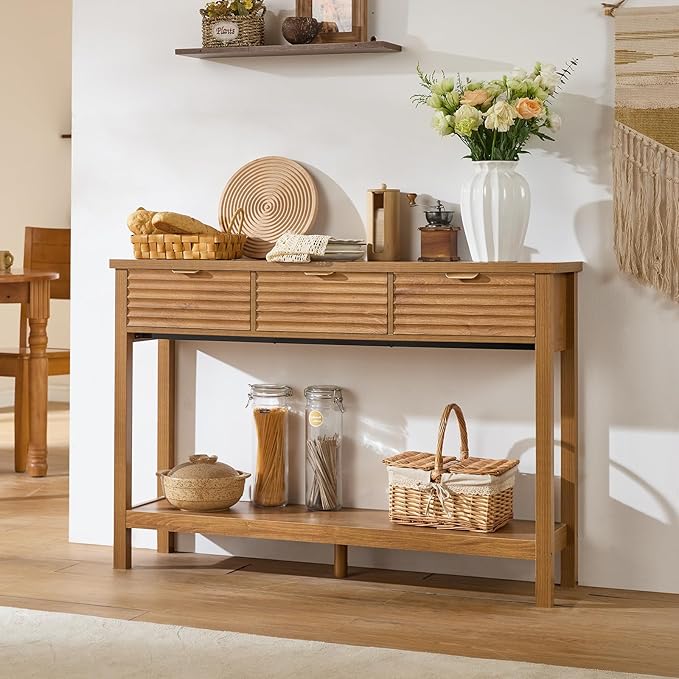 LEYAOYAO Fluted 47.2" Console Table with 3 Drawers, Modern Wood 2 Tier Entryway Table with Open Storage Shelf, Boho Sofa Entry Tables Behind Couch for Living Room, Hallway, Entrance Foyer, Tea Brown