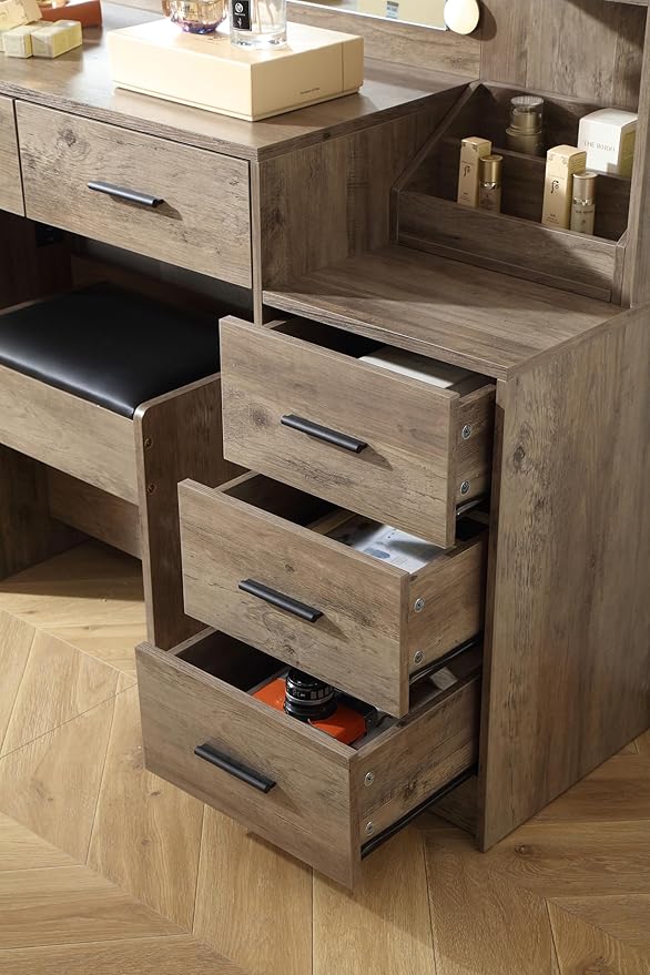 Extra Large Vanity with Folding Up Mirror and Lights,58.3'' Makeup Vanity Desk with Mirror and Lights,Outlet, Chair and Two Makeup Organizers,Dressing Table for Bedroom,Grey