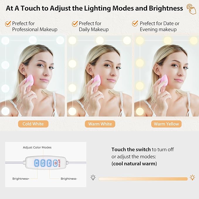 ANWBROAD 59.1" Large Vanity Desk Table with Mirror & Lights White Makeup Vanity with Power Outlet and 8 Drawers 3 Lighting Modes Adjustable Vanity Table for Girl Women Bedroom Dressing Room UBDT67W