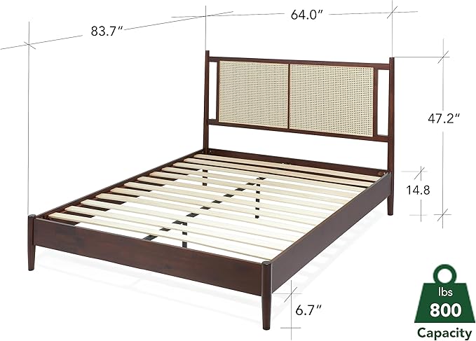 Bme Oliver Headboard Queen Size Bed Frame - 15-Inch Signature Design with Rattan Headboard, Bohemian and Mid Century Style, 12-Slat Wood Support, No Box Spring Needed - Easy Assembly, Walnut