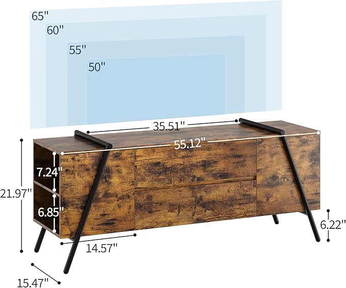 GarveeHome 55" Modern TV Stand with 2 Drawers, Adjustable Shelves, U-Shaped Metal Legs, Farmhouse Entertainment Center, Wooden TV Console for Living Room, Bedroom, Amber Oak