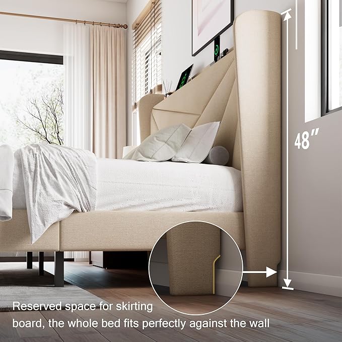 King Size Upholstered Bed Frame with Charging Station, Modern Minimalist Headboard, Solid Wood Slats Support, No Box Spring Needed, Noise Free, Beige