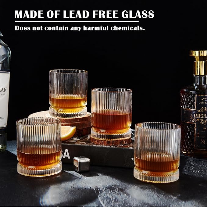 Ribbed Whiskey Glasses Set of 4, 12 Oz Lead-Free Crystal Heavy Base Barware Glass, Perfect for Bourbon Rocks Cocktail Scotch Drinking