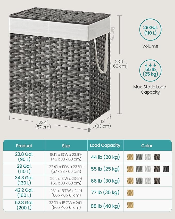 SONGMICS Laundry Hamper with Lid, 110L Clothes Hamper with 2 Removable Liner Bags, 6 Mesh Bags, Wicker Laundry Basket, Double Laundry Hamper for Bathroom, 13 x 22.4 x 23.6 Inches, Gray ULCB52WG