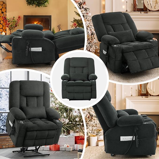 Large Dual Motor Lay Flat Power Lift Recliner Chair, Massage Recliner Chairs with Heat, Lumbar Pillow, USB & Type-C Ports, Oversized Recliner for Big & Elderly People for Living Room - Grey