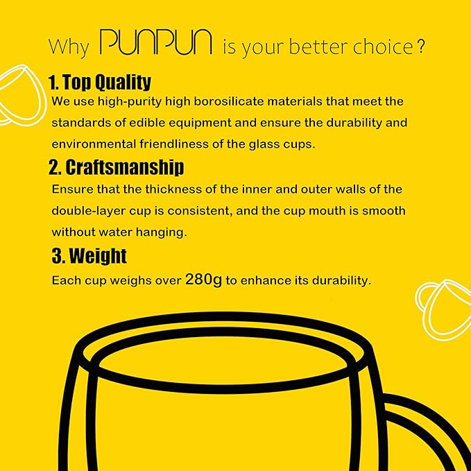 PunPun 16oz.480ml Clear Glass Mugs Large Coffee Mugs, Jumbo Insulated Double Wall Glasses, Premium Glasses Set with Big Handle, Iced Coffee Cup Set of 2
