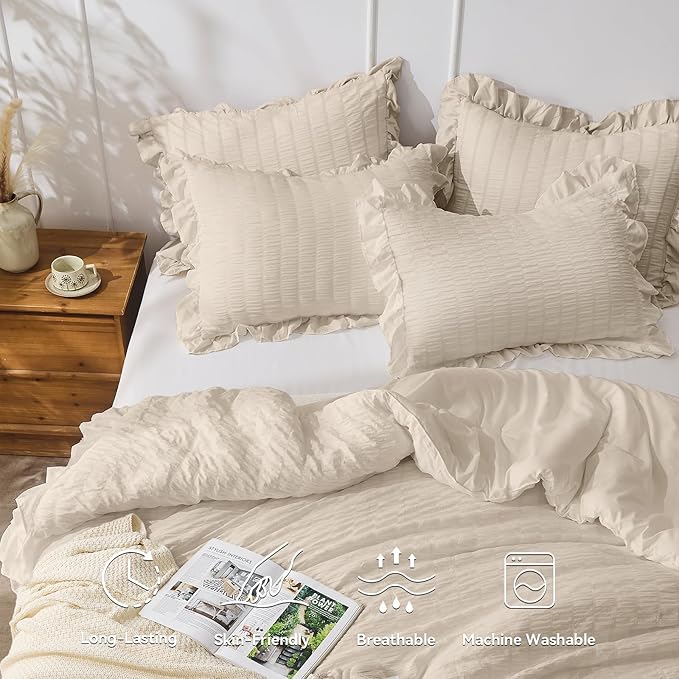 JOLLYVOGUE Beige Comforter Full Size, 3 Pieces Seersucker Lightweight Full Size Bedding, All Season Fluffy Microfiber Bedding Comforter Set with 1 Ruffle Comforter and 2 Ruffle Pillowshams