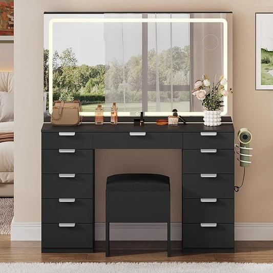 YITAHOME 46'' Vanity Desk with Large LED Lighted Mirror & Charging Ports, 11-Drawer Makeup Table Set with Storage Stool for Dressing Room, 3 Lighting Modes Brightness Adjustable, Black Finish
