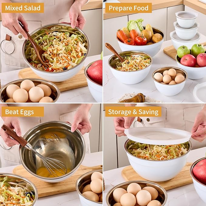 White Mixing Bowls with Airtight Lids, Stainless Steel Nesting Mixing Bowls Set of 7, Ideal for Baking, Prepping and Serving Food, Size 7, 3.6, 2.7, 2.1, 1.5, 1.1,0.8 QT, Stackable Design