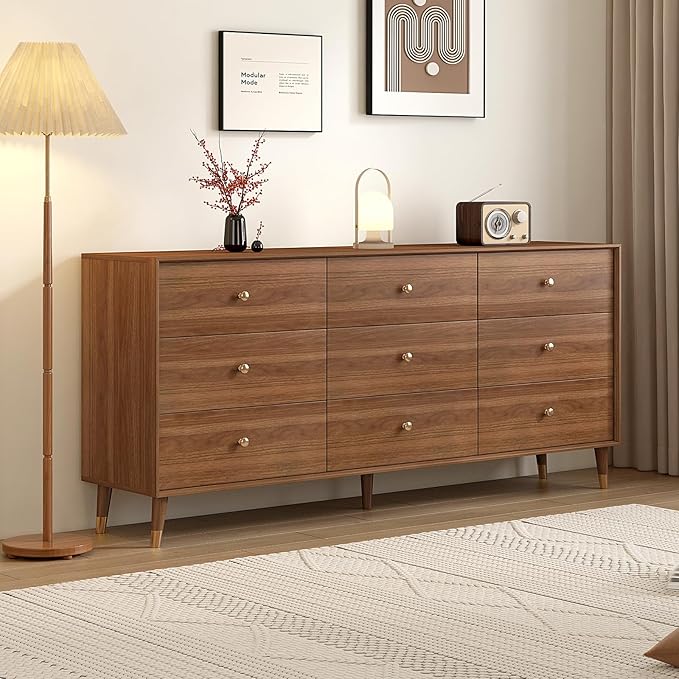9 Drawer Dresser for Bedroom, 63 Inch Dresser for Closet with Walnut Frame, Modern Solid Wood Chest of Drawers with Natural Texture & Pre-Embedded Slots for TV Stand, Living Room, Hallway, Office