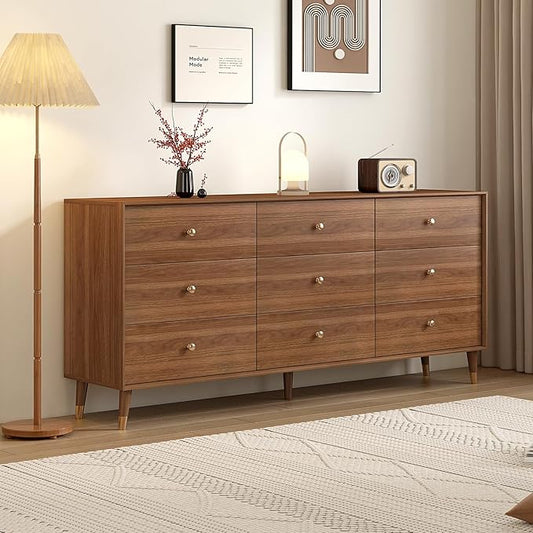 9 Drawer Dresser for Bedroom, 63 Inch Dresser for Closet with Walnut Frame, Modern Solid Wood Chest of Drawers with Natural Texture & Pre-Embedded Slots for TV Stand, Living Room, Hallway, Office
